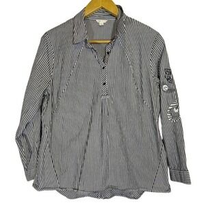 Cato Striped Popover Shirt Top XL Feather Embroidery Office Coastal Classic Boho